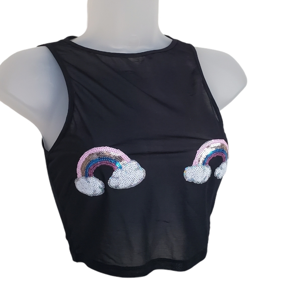 Bear Dance Black Crop Top with Colorful Sequin Rainbows